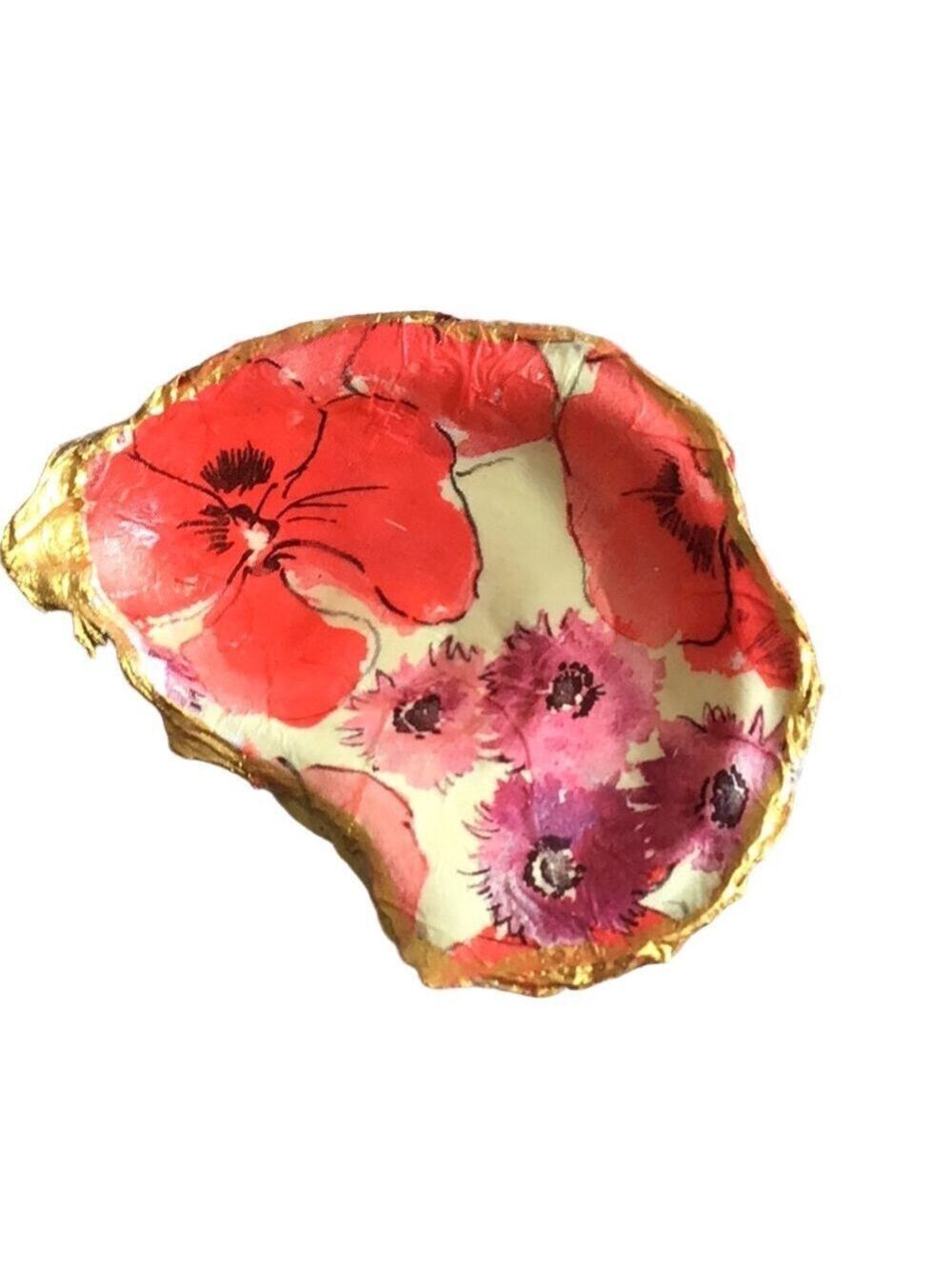 Handcrafted Mixed Media Art  trinket oyster shell dish with Gold Accents 4” long